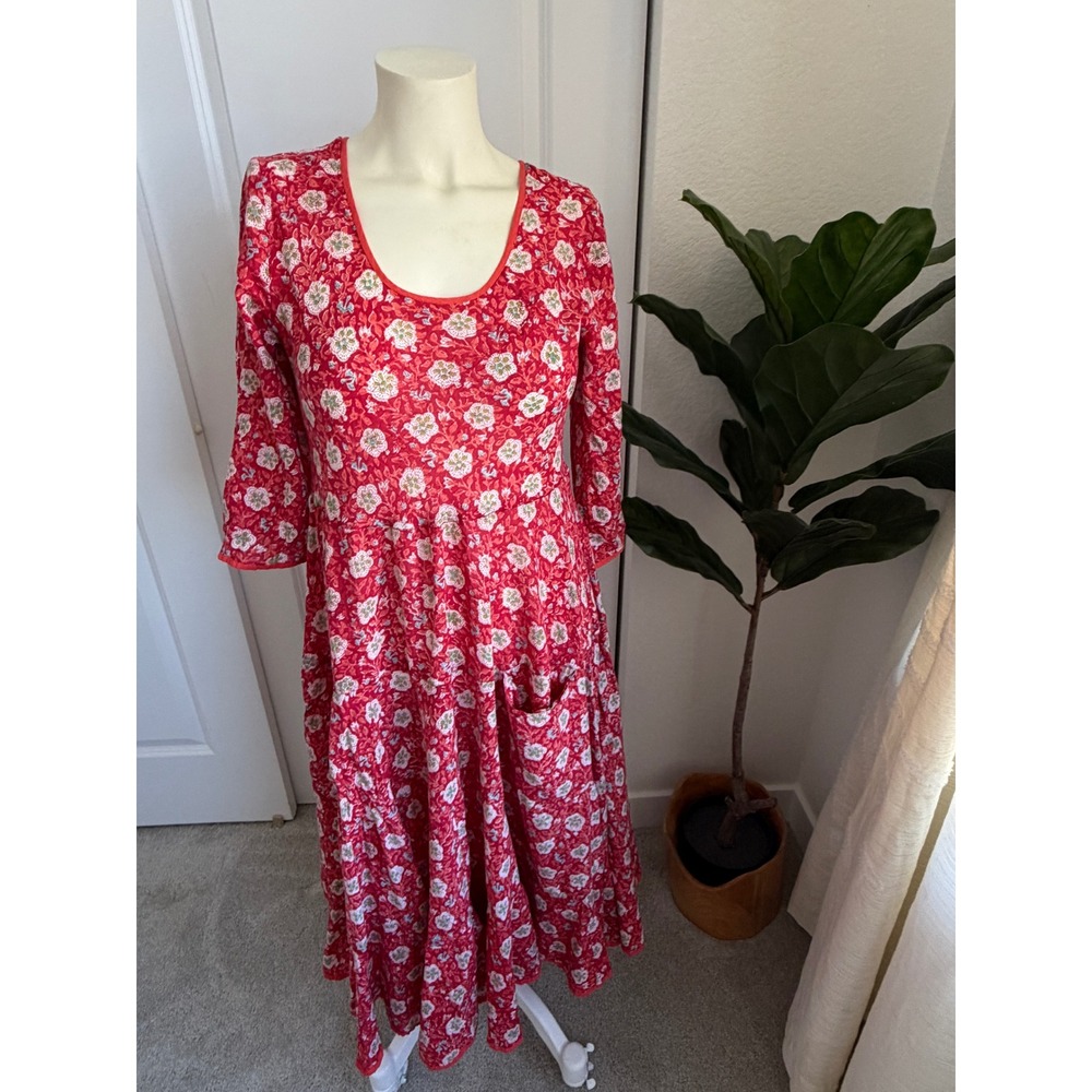 Trade Cloth Red Floral Cotton Midi Dress 3/4 Sleeve Pockets XS Boho